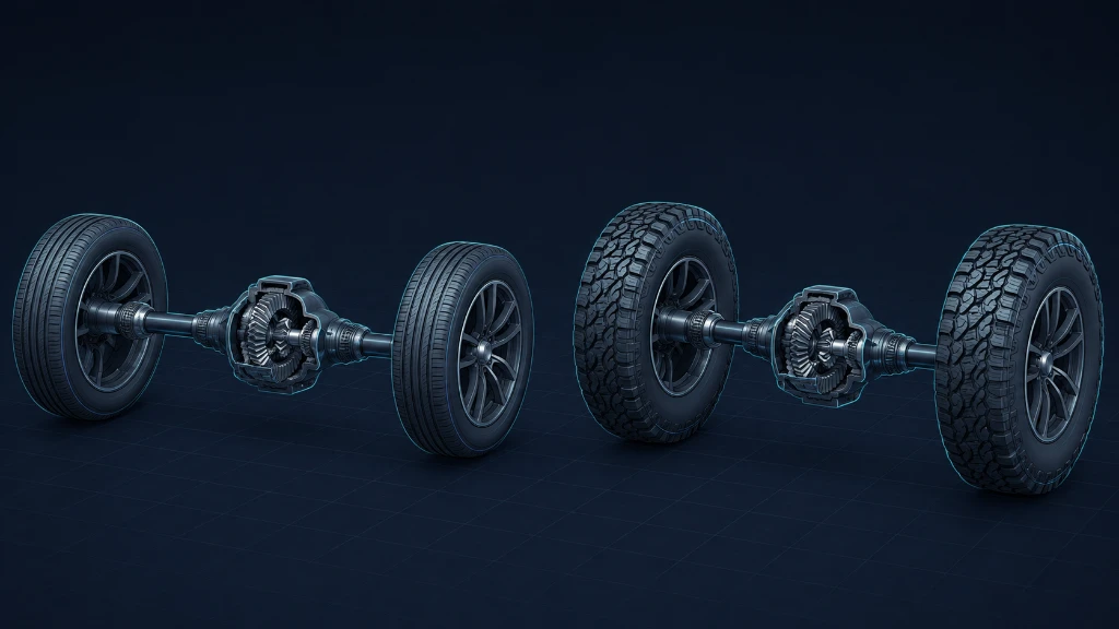 Technical 3D CAD illustration comparing two complete axle assemblies: baseline 31-inch street tire setup on the left and upgraded 35-inch all-terrain tire setup on the right, each with a cutaway differential showing ring-and-pinion gearing.