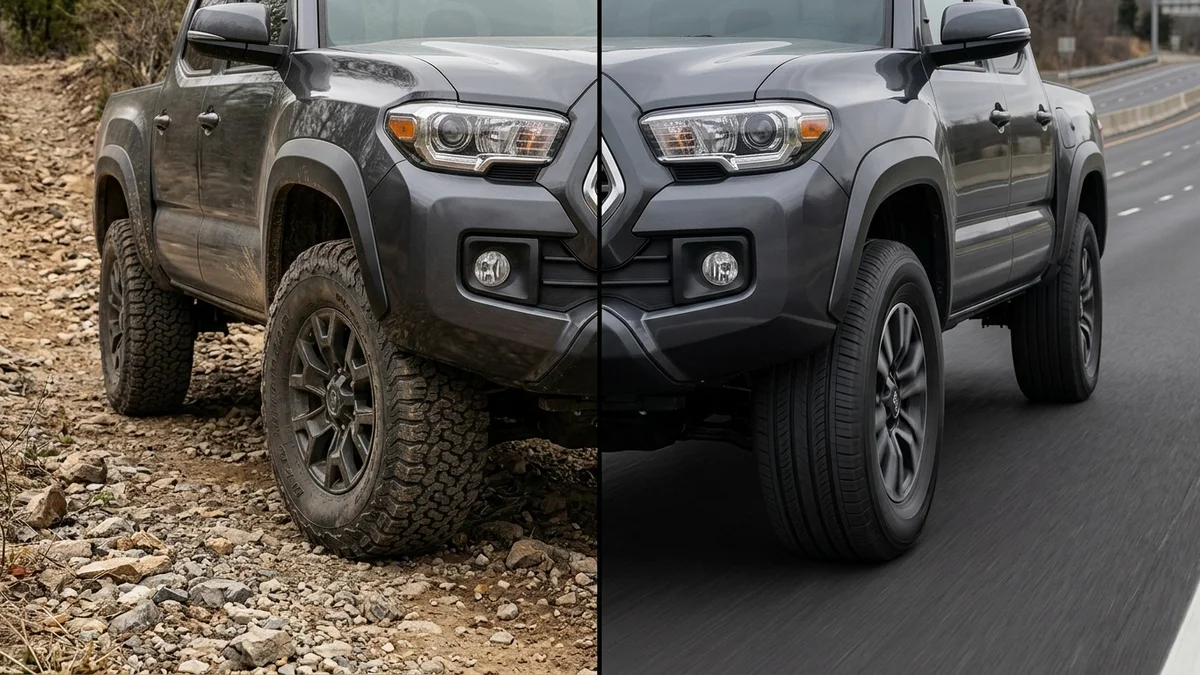 All-terrain tire on gravel trail side-by-side with an all-season tire on highway asphalt