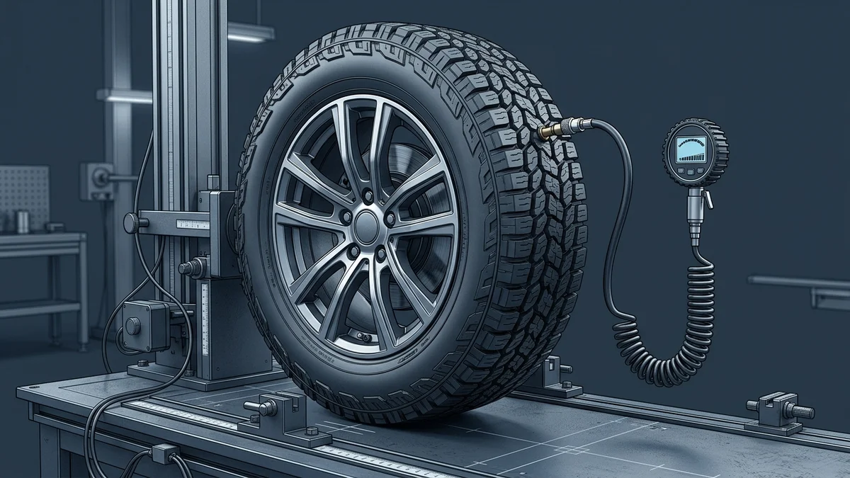 Technical automotive illustration of a vehicle wheel assembly on an engineering measurement bay with cold inflation pressure gauge.