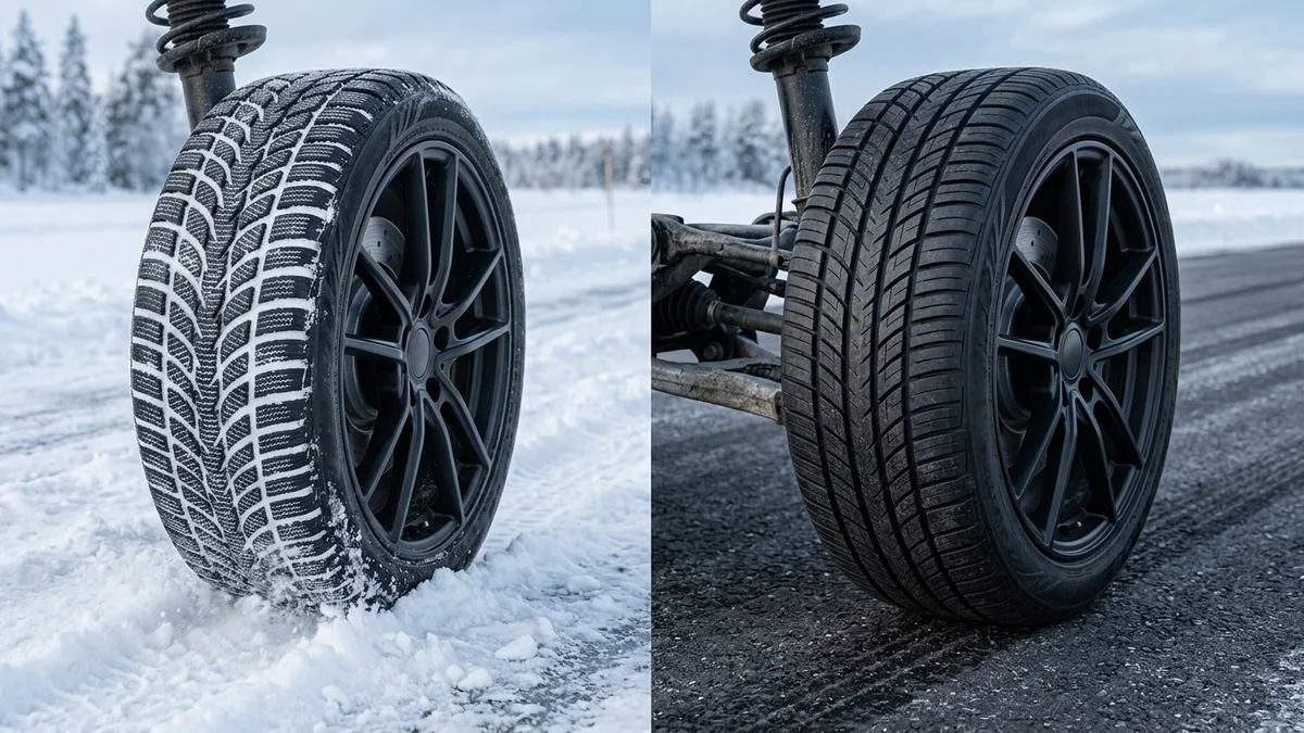 Side-by-side technical comparison of a dedicated winter tire in snow and an all-season tire on cold pavement